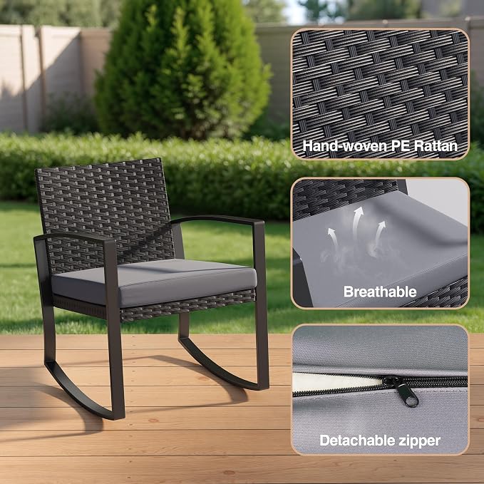 Qsun 3 Pieces Patio Furniture Set Rocking Bistro Set Outdoor Rattan Conversation - Image 4