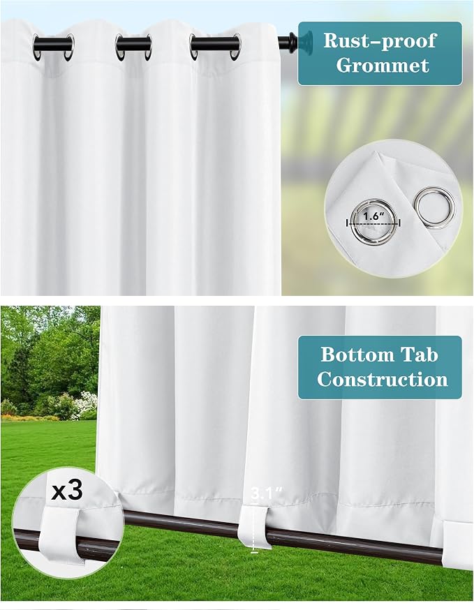Windproof Outdoor Curtains for Patio Waterproof 4 Pcs 54x120 In White | Grommet - Image 2