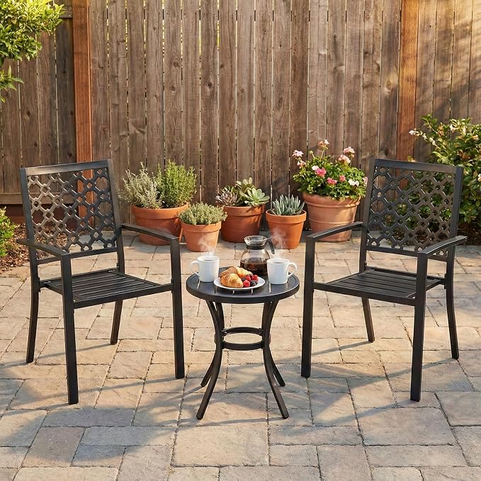 Patio Dining Chairs Set of 2, Stackable Metal High Back Chairs Set - Image 2