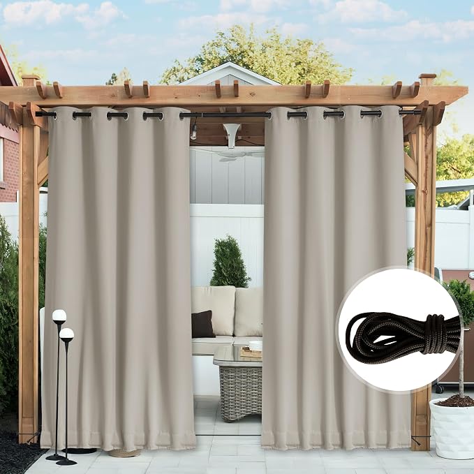 NICETOWN Outdoor Curtains Waterproof Fixed Bottom W52xL95 Natural | - Image 2