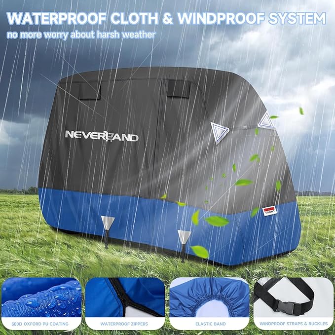 NEVERLAND Golf Cart Cover 2 Passenger, Heavy Duty 600D Golf Cart Covers, Waterproof Club Car Golf Cart Cover with Side Zipper Doors Compatible with EZGO Yamaha Club Car 2 Seat (Up to 95 Inch)