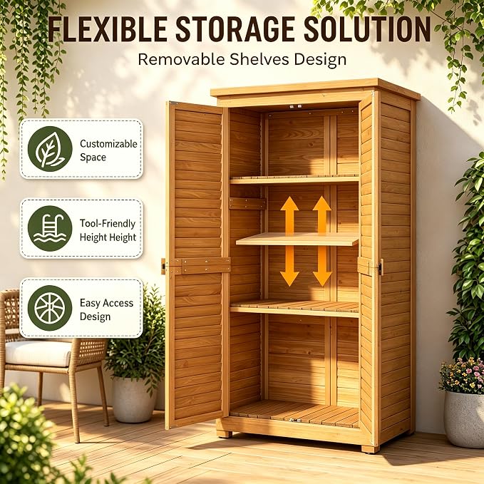 Outvita Outdoor Storage Cabinet, 63in Wooden Garden Tools Shed, Natural | 2 - Image 2
