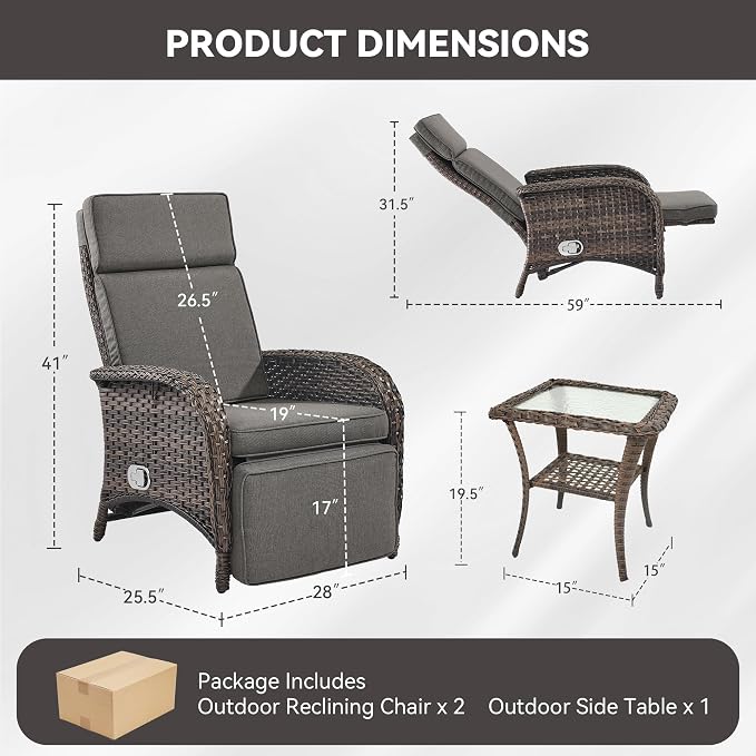 3 Pieces Zero Gravity Wicker Patio Recliner Chairs Set of 2 - Image 2