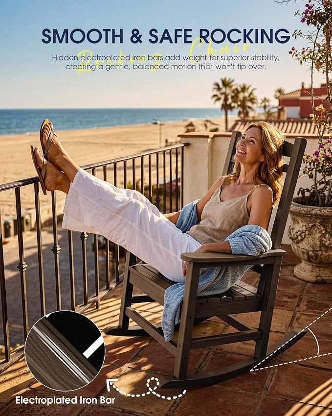 Oversized Outdoor Rocking Chair Set of 2, HDPE Porch Rocker, Coffee | - Image 8