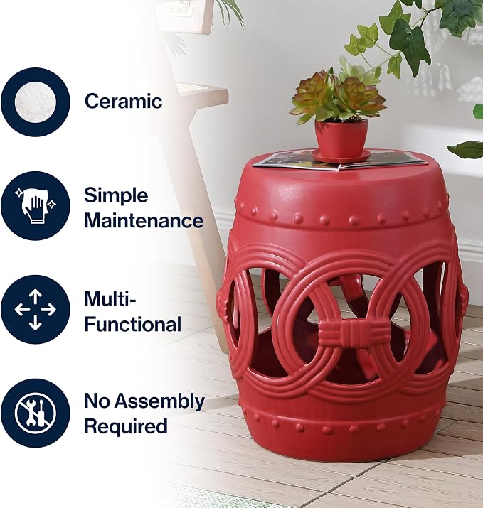 JONATHAN Y Lucky Coins 16" Ceramic Garden Stool Side Table, Matte Red | - Image 5