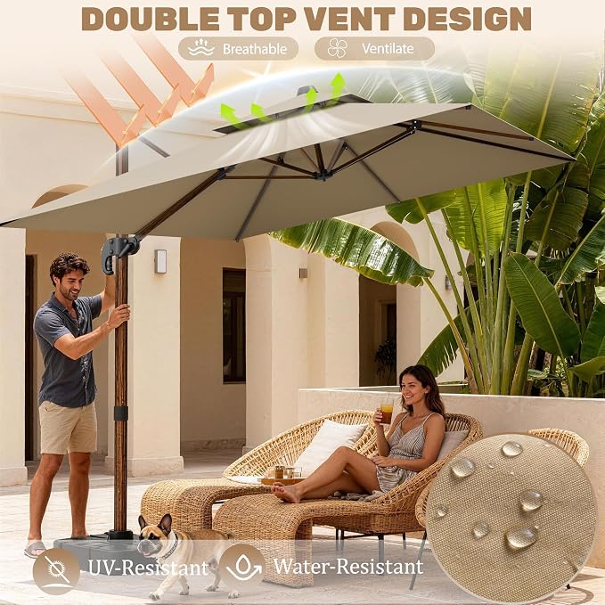 10x13FT Cantilever Outdoor Patio Umbrellas, Double Top Wood Pattern Rectangle - Image 3
