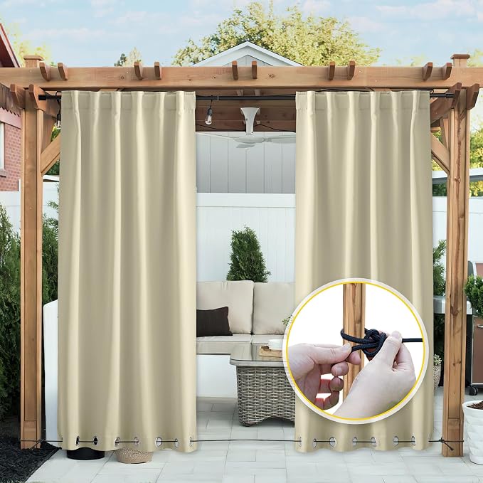 NICETOWN 2 Panels Outdoor Curtains Waterproof Extra Long W52xL108 Beige | - Image 3