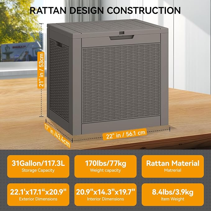 31 Gallon Outdoor Storage Box, Resin Deck Boxes Indoor and outdoor, Waterproof - Image 2