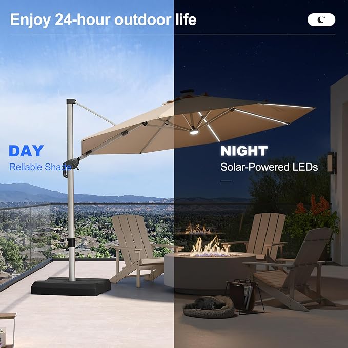 PURPLE LEAF Cantilever Patio Umbrella 11ft Round Solar LED Light, Support to - Image 3