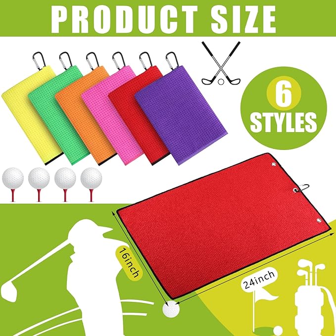 Cindeer 6 Pack Large Golf Towels, 16" x 24" Tri-fold Golf Towels, Microfiber Fabric Waffle Pattern Golfing Towel Portable with Heavy Duty Clip for Golfing Bag Remove Sand Dirt Mud Sweat(Vibrant Color)