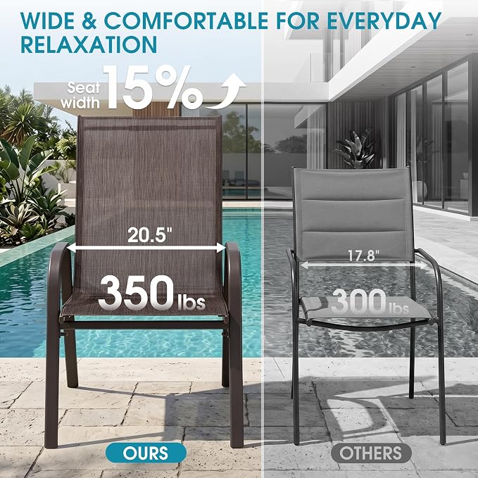 24.4" Wide Outdoor Stackable Chairs Set of 6 | Stacking Patio Chairs - Image 5