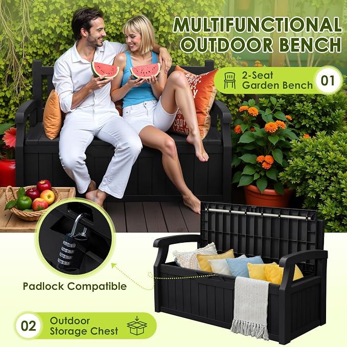 Greesum 80 Gallon Outdoor Storage Bench, Deck Box, Dark Black | - Image 4
