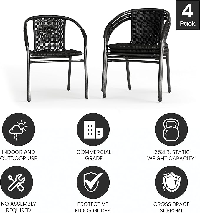 EMMA + OLIVER Black PE Rattan Stackable Patio Dining Chair, Indoor/Outdoor Use - Image 6