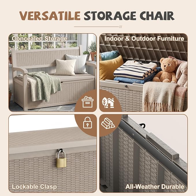 EFU Outdoor Bench Storage Deck Box, 100 Gallon Waterproof Wicker | Patio - Image 5