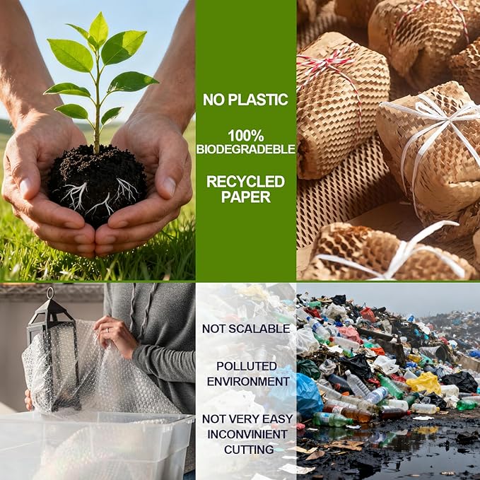 Honeycomb Packing Paper Wrap 15"x400' Sustainable Alternative to Bubble Cushioning Wrap Packing paper for Moving/shipping/packing Roll with 20 Fragile Sticker Biodegradable & Fully Recylable