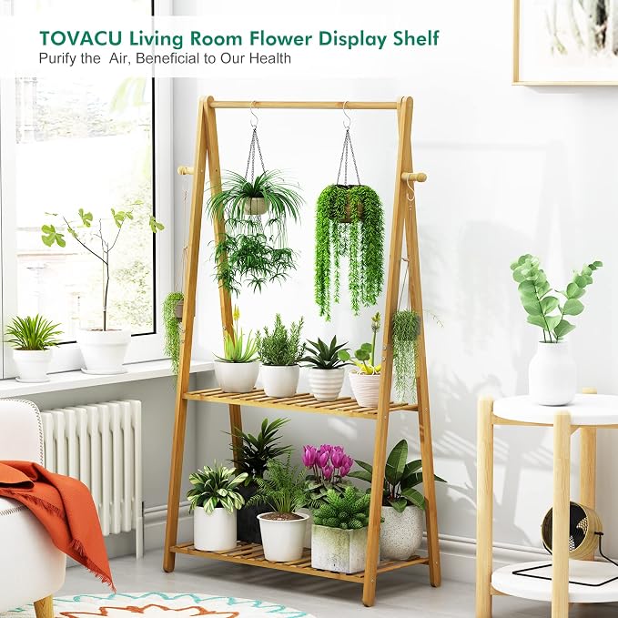 Hanging Plant Shelf Indoor Outdoor Bamboo Wood Plant Flower Stands | 2 Tiered - Image 2