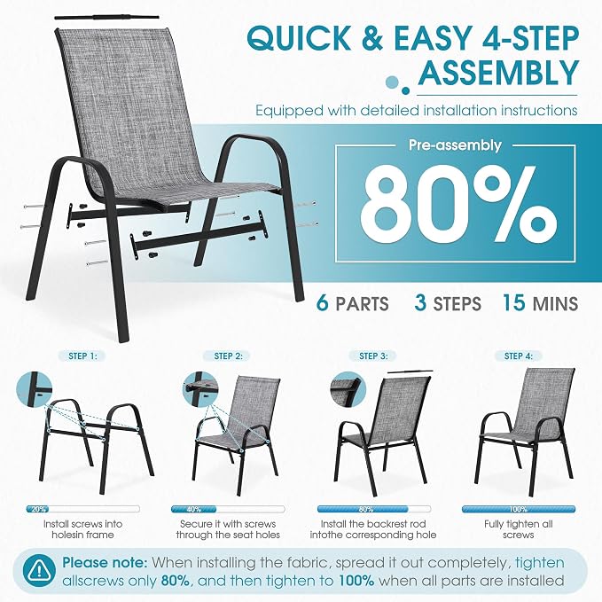 24.4" Wide Outdoor Stackable Chairs Set of 8 | Stacking Patio Chairs - Image 7