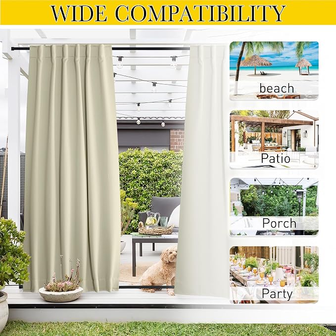 NICETOWN 2 Panels Outdoor Curtains Waterproof Extra Long W52xL108 Beige | - Image 7