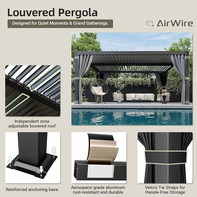 AirWire 12'x16' Louvered Pergola All-Aluminum Gazebo Dark Gray | Outdoor Pergola - Image 6