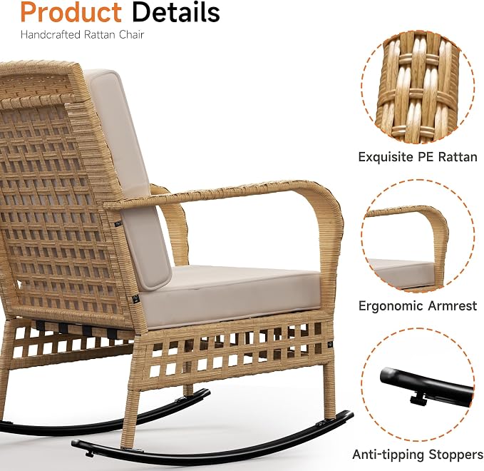DECMICO Outdoor Rocking Chair Set, 3-Piece Wicker Patio Furniture | Elegant - Image 4