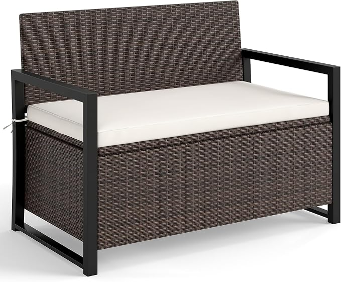 RELAX4LIFE Wicker Rattan Outdoor Storage Loveseat Bench Mix Brown Off White | by RELAX4LIFE
