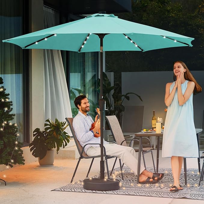 JEAREY 9' Patio Umbrella with Solar Lights, LED Umbrella, Teal | Outdoor Table - Image 6
