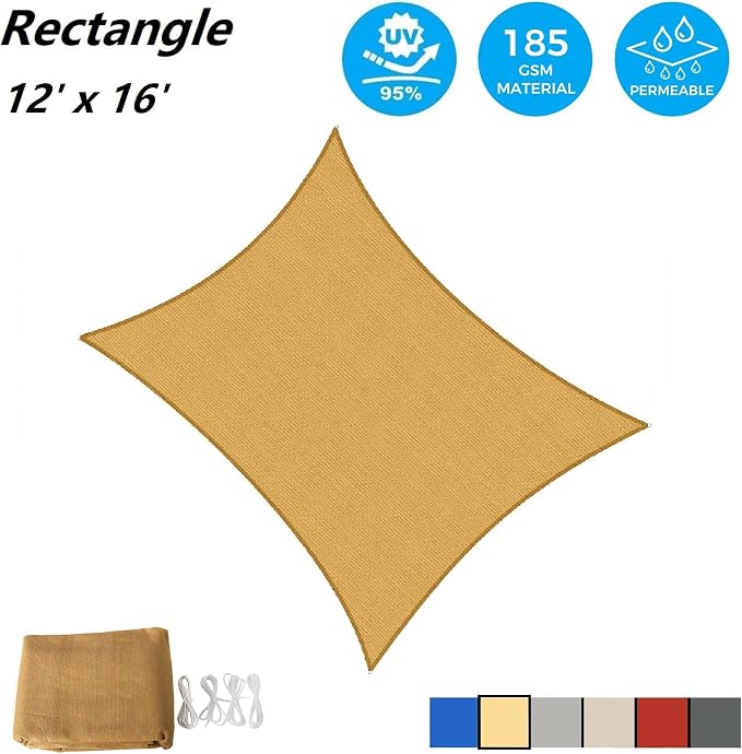 AsterOutdoor Sun Shade Sail Rectangle 12' x 16' UV Block Canopy - Image 2