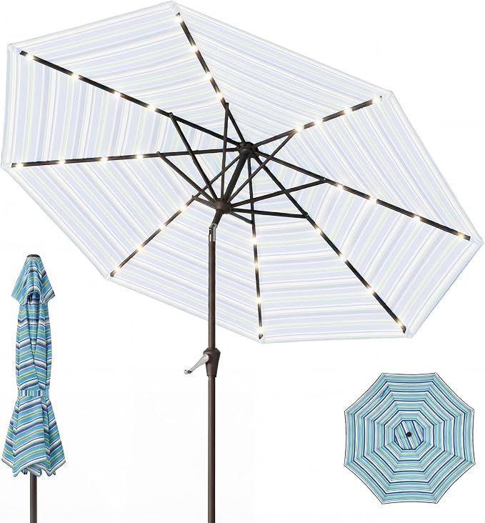 9FT Patio Umbrella with Solar Lights, Outdoor Market Umbrella with Tilt and by YourPerfectOutdoorEscape