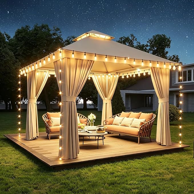 Aoxun 10x10FT Metal Frame Outdoor Gazebo w/Light, Khaki | UPF50+ Protection by Aoxun