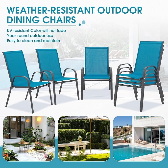 24.4" Wide Outdoor Stackable Chairs Set of 6 | Stacking Patio Chairs - Image 8