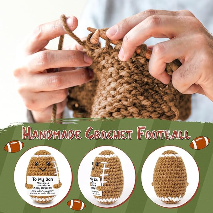 Mini Funny Son Gifts from Mom Dad, Birthday Gifts for Adults Boys Bonus Step, Positive Football Doll Cheer Up Presents with Inspirational Card, Handmade Emotional Crochet Football for Graduation