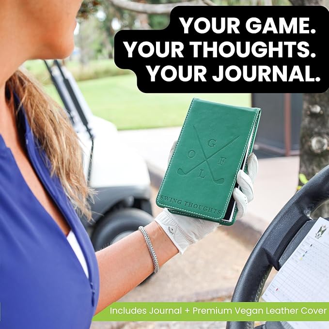 Golf Notebook – Compact Golf Journal with Vegan Leather Cover – Back Pocket Size Golf Log Book for Yardage, Stats, Practice & Course Notes (Black)