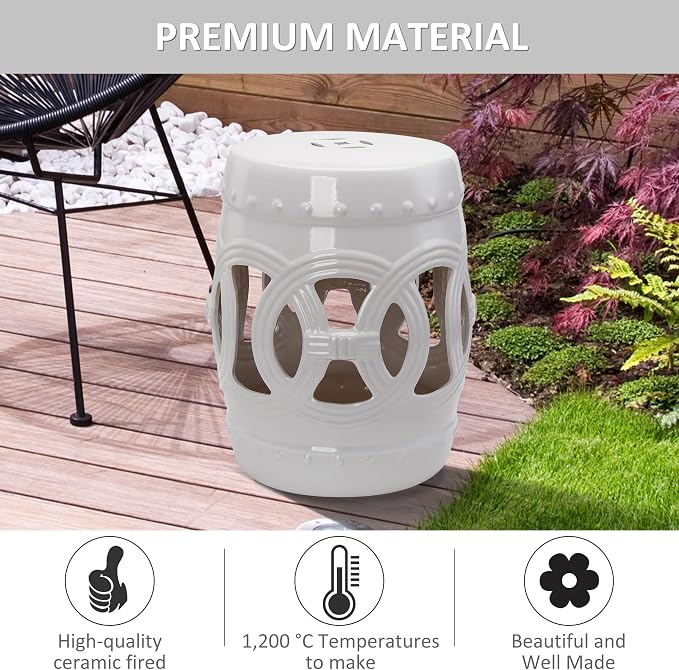 Outsunny 14" x 17" Ceramic Garden Stool Strong Glazed Material White | - Image 4