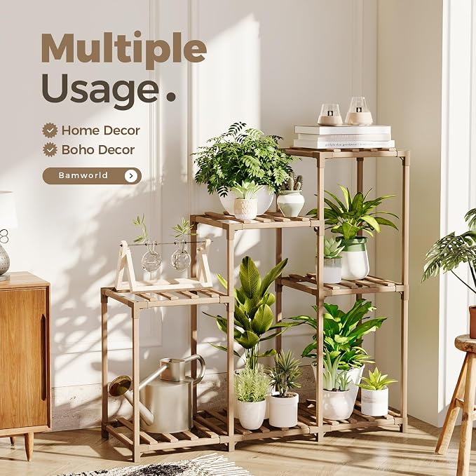 Bamworld Plant Stand Indoor Wood Plant Shelf Outdoor Tiered Plant Rack | - Image 3