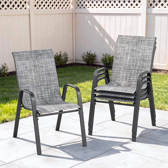 Outdoor Patio Chairs Set of 4 Stackable Dining Chairs All-Weather Textilene by CHINNLUU