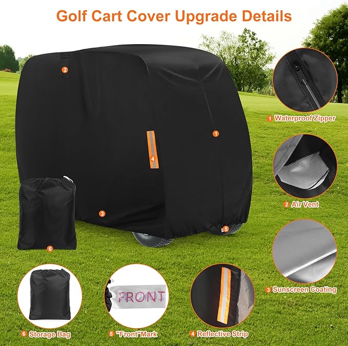 Golf Cart Cover 2 Passenger, 420D Heavy Duty Golf Cart Rain Cover with Waterproof Zipper and Reflective Strips, Universal Fits for 2 Seat Yamaha EZGO Honda Club Car