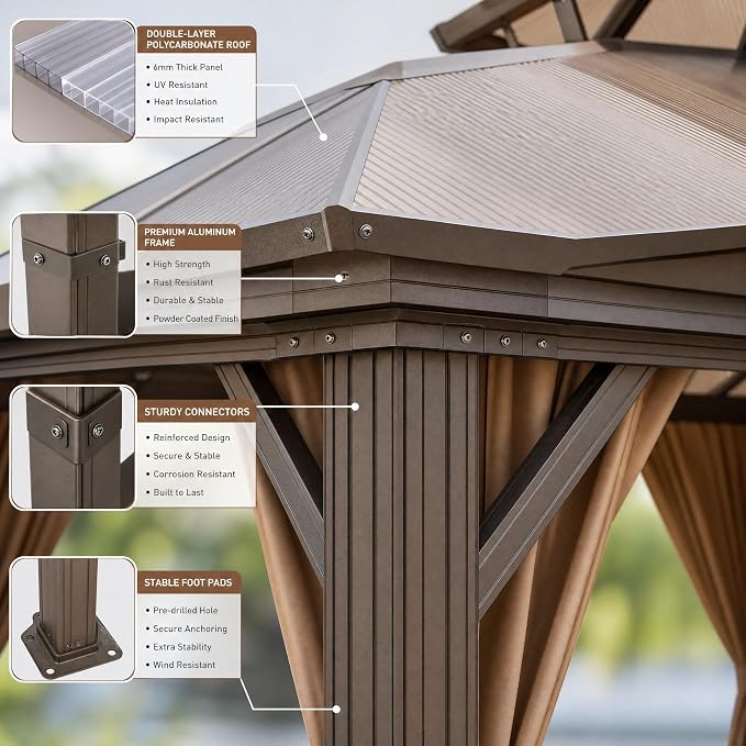 GAOMON 10x12ft Gazebo, Hardtop Outdoor Canopy Aluminum Frame Permanent Gazebo - Image 5