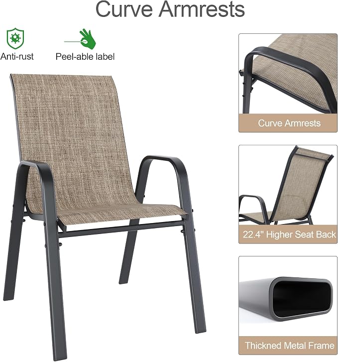 Outdoor Patio Chairs Set of 6 Stackable Dining Chairs All-Weather Textilene - Image 9