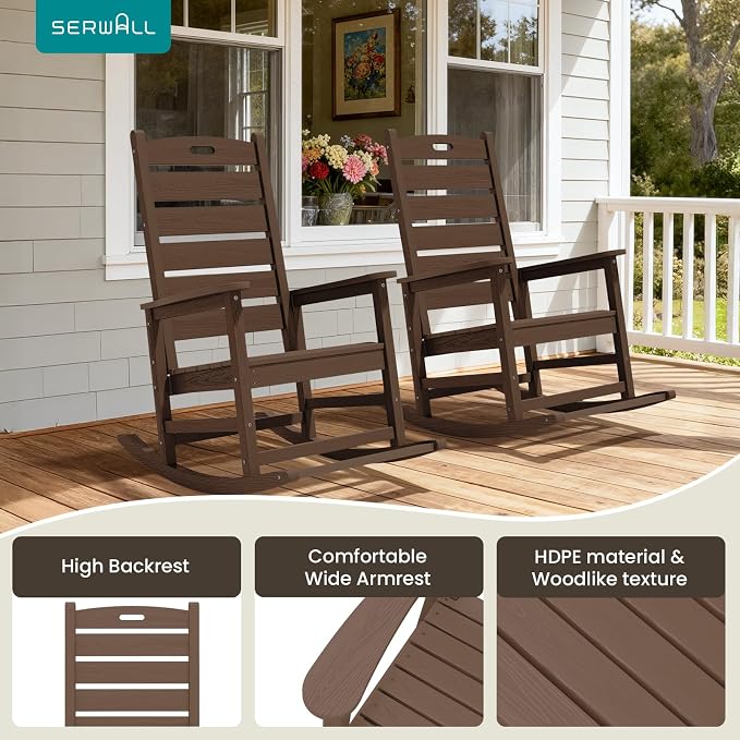 SERWALL Outdoor Rocking Chair Set of 2, Oversized HDPE Rocker, All Weather - Image 5