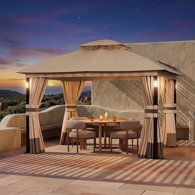 Patio Gazebo 10'x12' with LED Lights & Bluetooth Speaker, Heavy Duty Outdoor by CoveredOutdoor