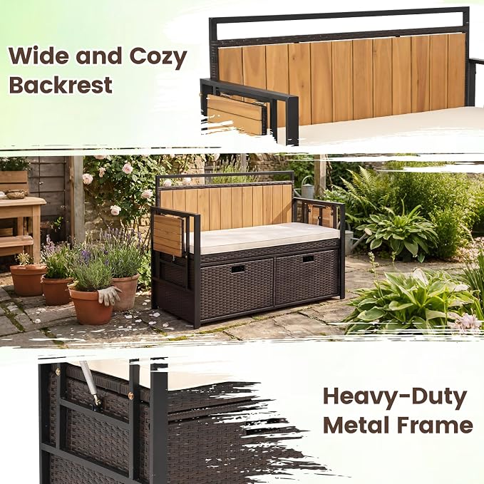 Outdoor Storage Bench, Outside Cushioned Loveseat Seating - Image 8