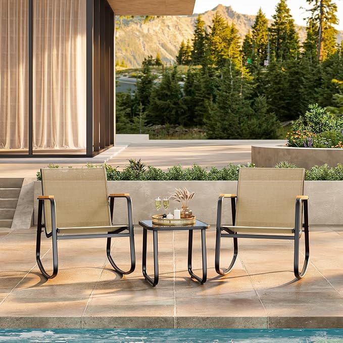 3-Piece Outdoor Rocking Bistro Set, Patio Set Textilene, Backyard and Poolside - Image 9