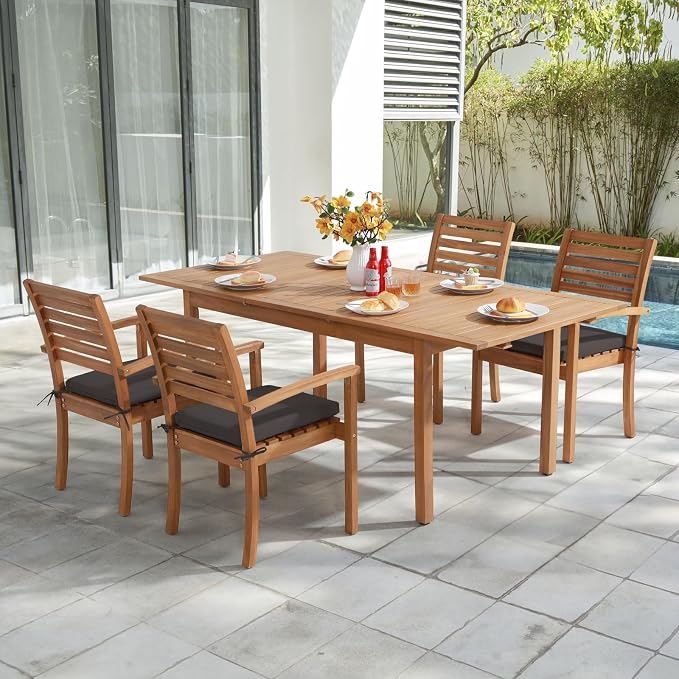 Stackable Patio Dining Chairs Set of 2, Dark Grey | Outdoor Acacia Wood Chairs - Image 6