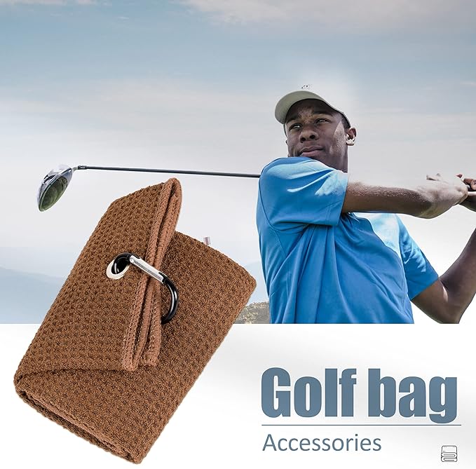 Mile High Life Tri-fold Golf Towel | 16" X 24" | Premium Microfiber Fabric | Waffle Pattern | with Heavy Duty Carabiner Clip | for Men and Women (2 Pack Brown)