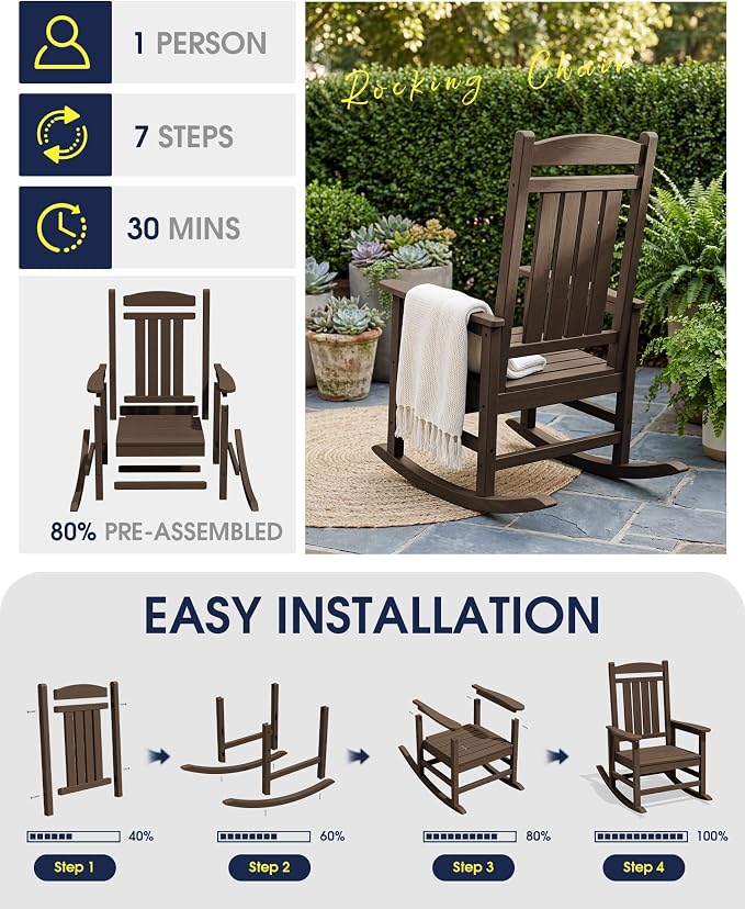 Oversized Outdoor Rocking Chair Set of 2, HDPE Porch Rocker, Coffee | - Image 7