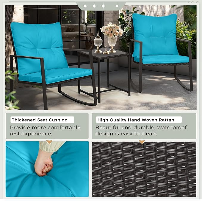 SUNCROWN 3 Piece Outdoor Rocking Bistro Set Black Wicker Furniture Porch Chairs - Image 6