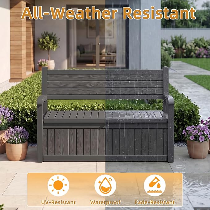 Garden Bench, Outdoor Storage Bench, Resin Patio Furniture Seating | - Image 3