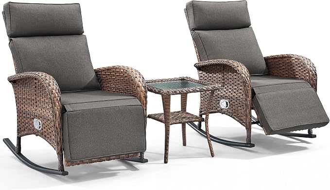 3 Pieces Zero Gravity Wicker Patio Rocking Recliner Chairs Set of 2 - Image 7