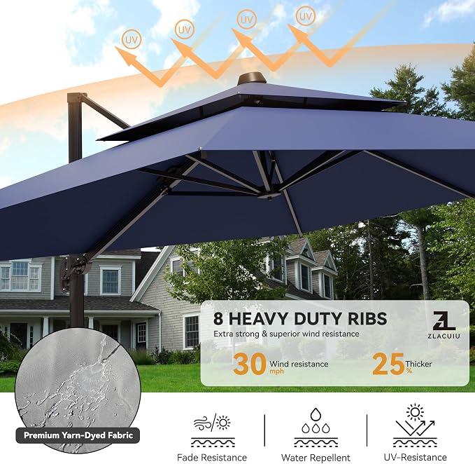 9x12FT Cantilever Patio Umbrella Heavy-Duty Aluminum | 360° Rotating Double - Image 3