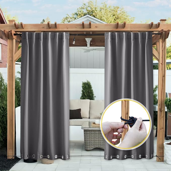NICETOWN 2 Panels Outdoor Curtains Waterproof Extra Long W52xL108 Grey | - Image 9